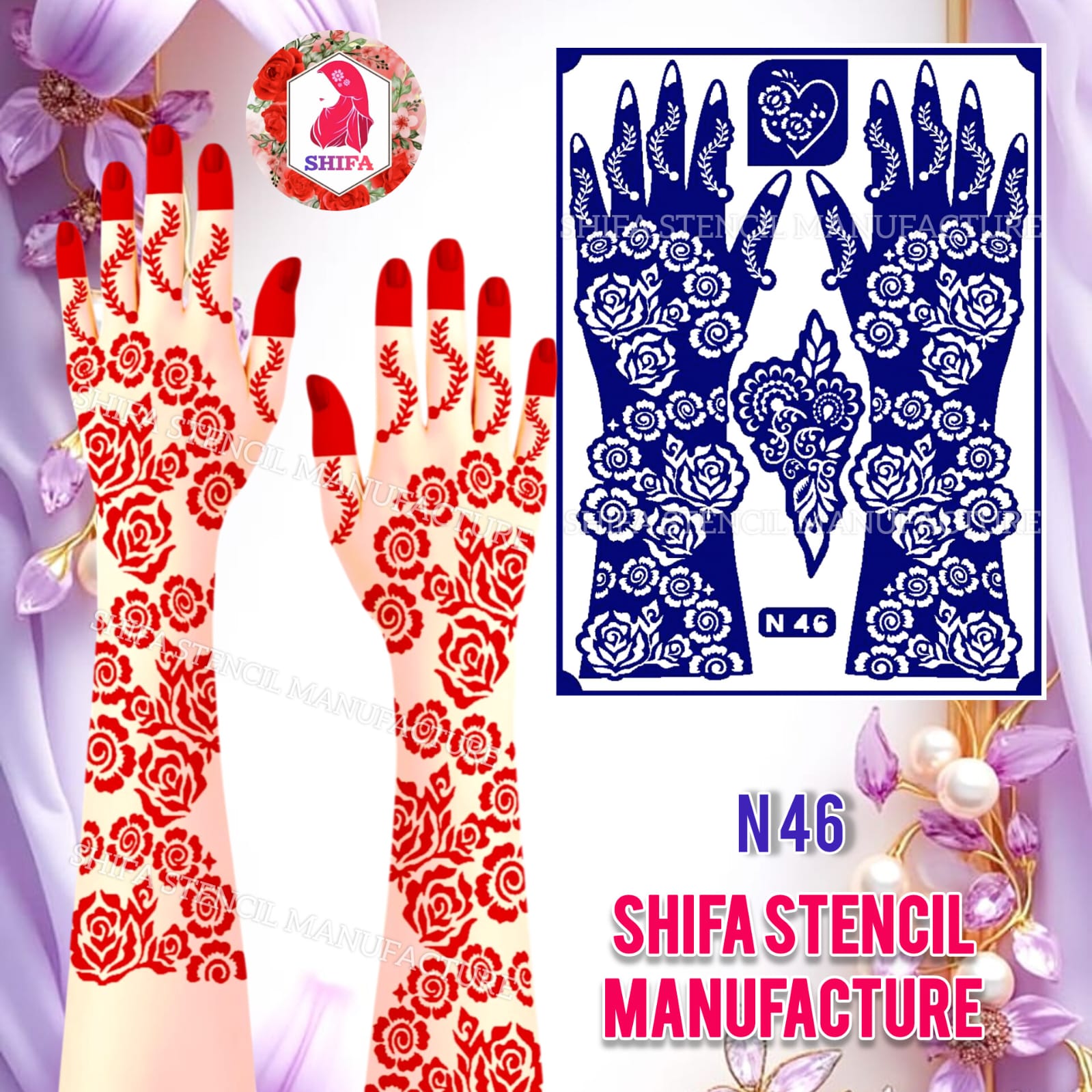 N46  Floral Garden Luxe Sticker Overview Henna Stencil - Shifa Stencil